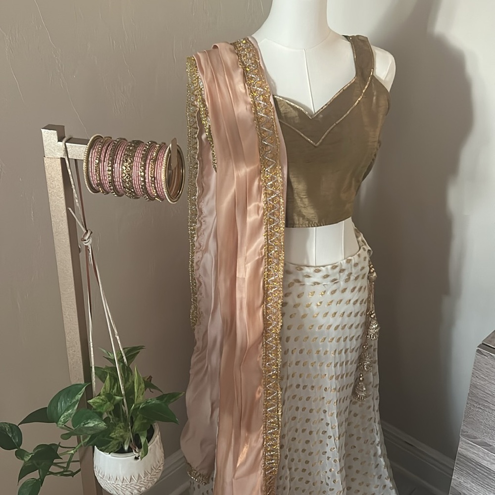 Elegant Cream and Antique Gold Brocade/Silk Lehenga Separates